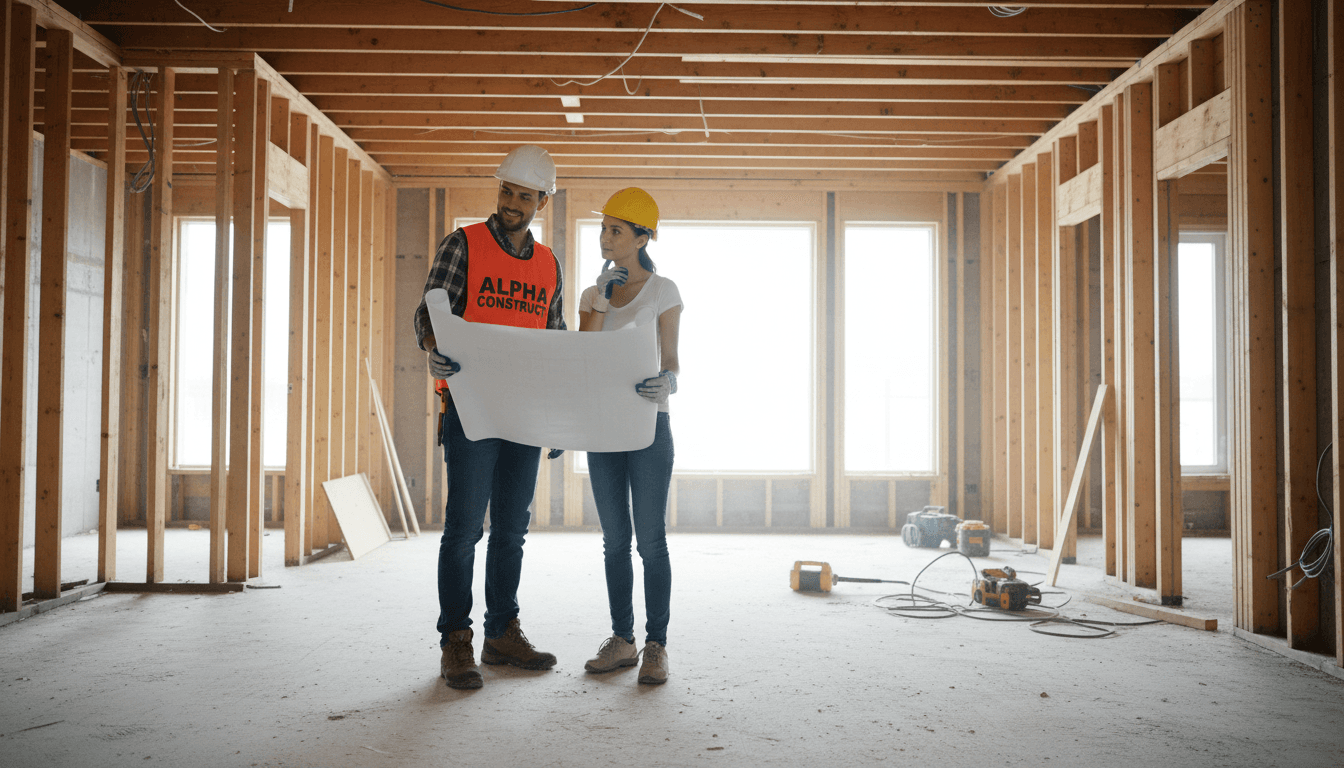 Contractor discussing renovation project with homeowner inside unfinished Toronto house