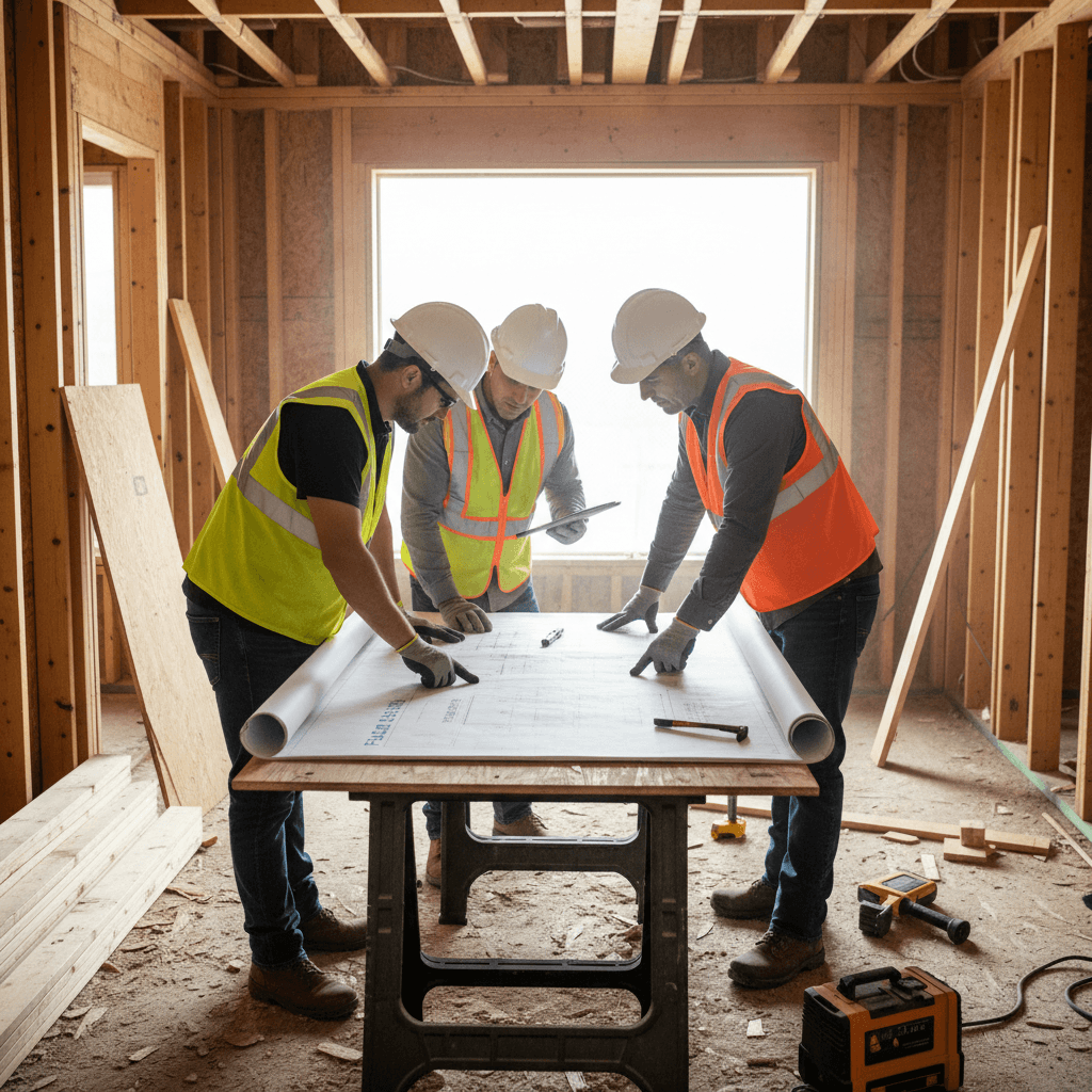 Construction workers in hard hats reviewing blueprints on a residential renovation site
