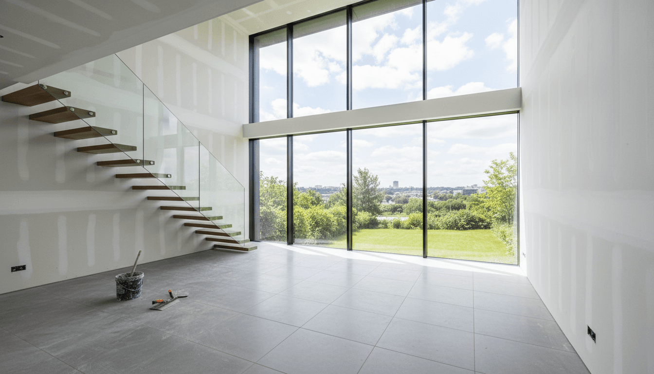 Modern renovated interior with fresh drywall, large windows, and clean finishing work