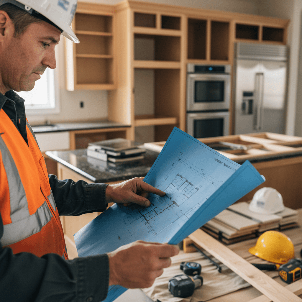 Project manager reviewing blueprints at a residential renovation site