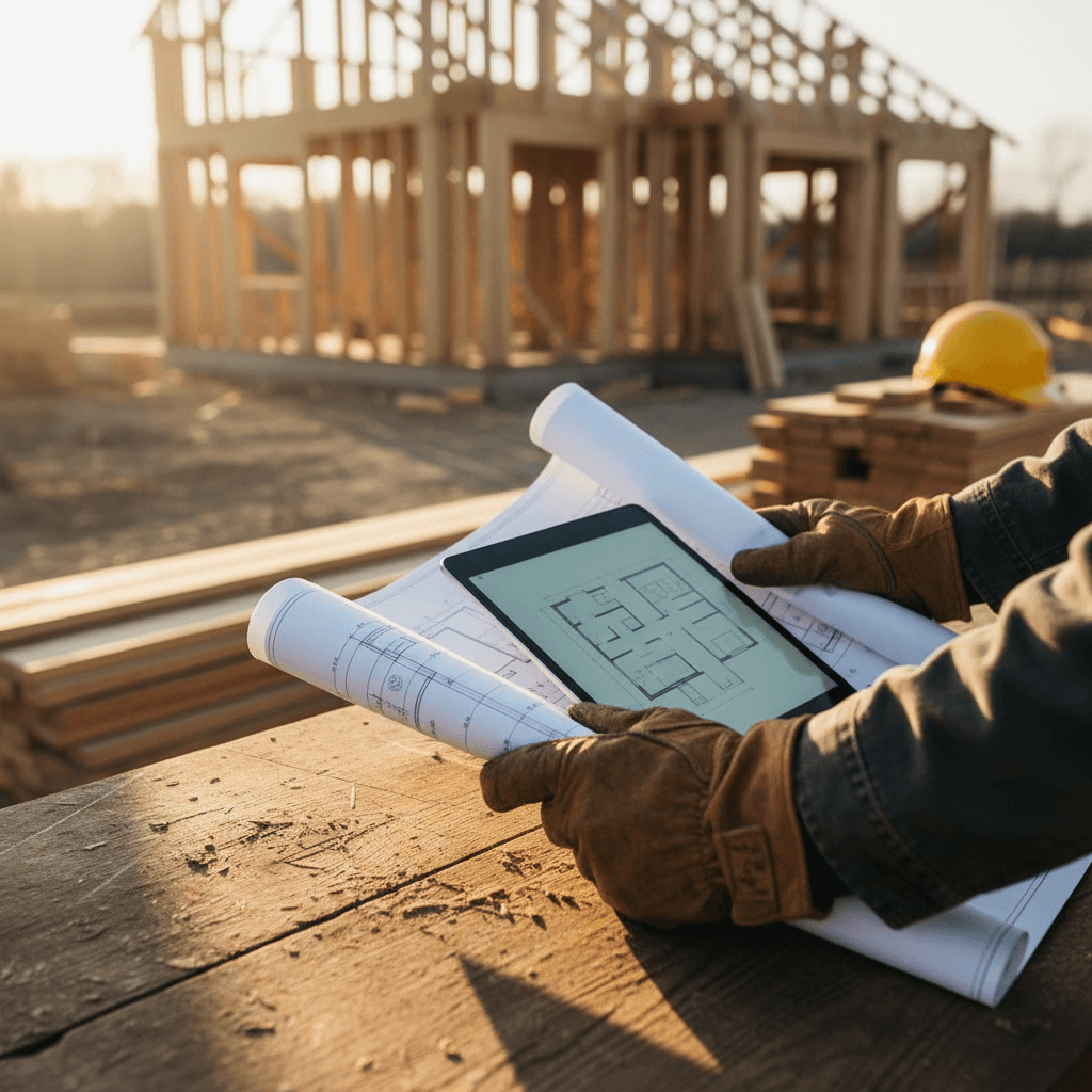 Contractor reviewing construction blueprints on site with a hard hat nearby