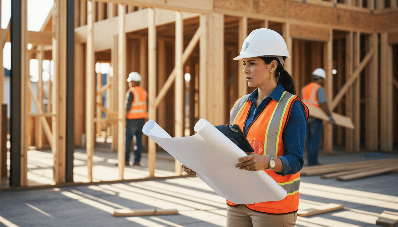 Construction site with blueprints and hard hat
